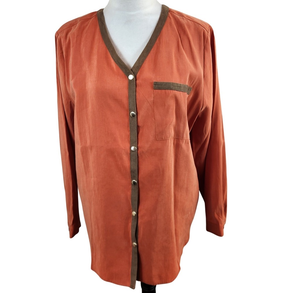NEW Chico's 2 Silky Chic Suede Trim Button Blouse Ambercup Orange Sz L 12-14 NWT